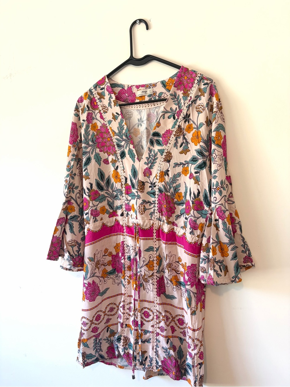 Maaji Cream Floral Tie-Waist V-Neck Dress with Pink & Orange Accents - Picture 7 of 12